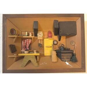 Vintage Wooden Shadow Box Miniature Kitchen Folk Art Rustic Wall Decor